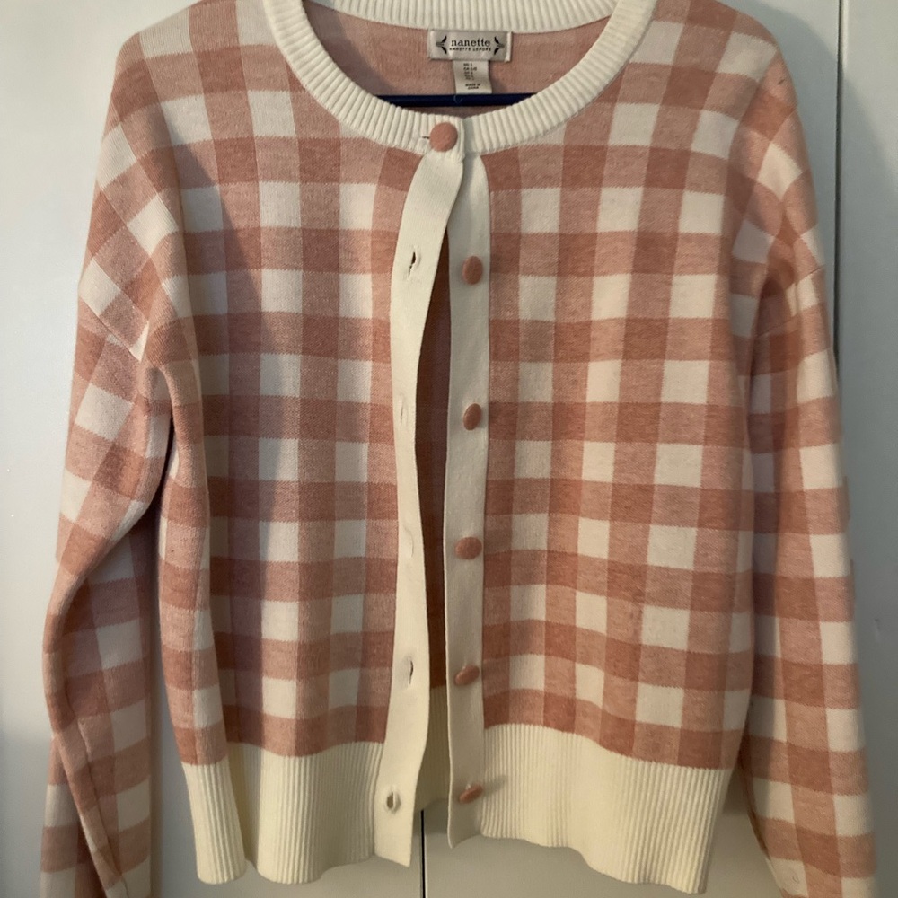 Nanette Lepore Pink & Cream Gingham Plaid Button Down Cardigan Sweater ~ Size L